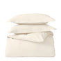 Two cream-colored pillows are stacked on a folded Coyuchi Classic Organic Sateen Duvet Set, all GOTS certified and shown against a plain white background.