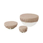 Coyuchi Conserve Organic Bowl Covers—three sizes, made from fitted organic cotton, are shown on a white background, ideal for a zero-waste kitchen.