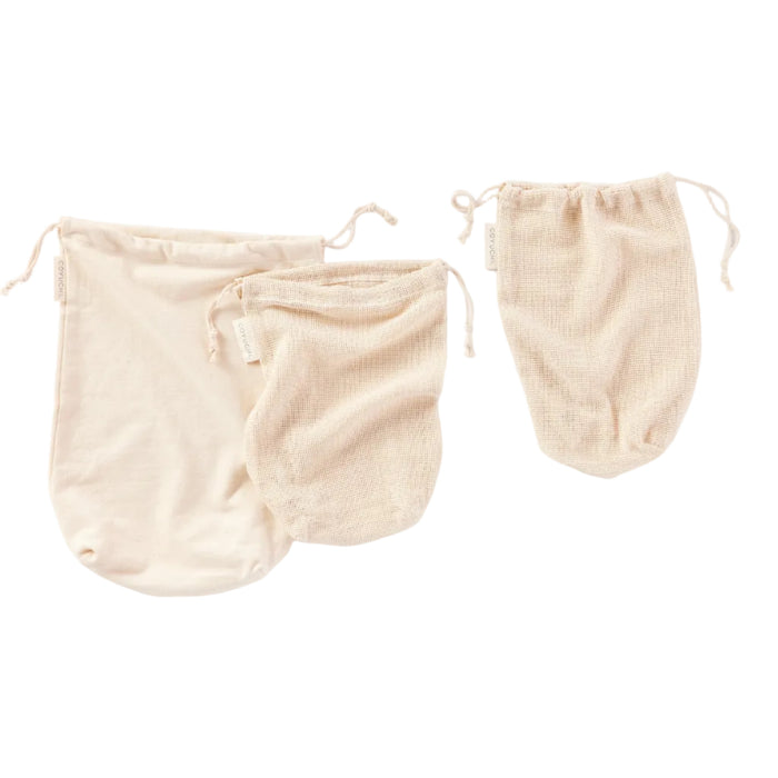 The Coyuchi Conserve Organic Produce Bags set includes three reusable bags in different sizes, each with a drawstring closure and made from organic cotton for a natural, textured look—ideal for a zero waste lifestyle.