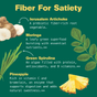 Infographic titled Fiber For Satiety highlights Crave Reset Superfood Drink Mix by Kuli Kuli Foods, featuring Jerusalem artichoke, moringa leaves, green spirulina, and pineapple for their fiber and appetite control superfood benefits.