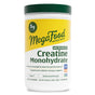 A white 500g container of MegaFood Creatine Monohydrate Powder, unflavored and vegan, features yellow-green labeling, provides 5g per serving (100 servings), and supports muscle recovery and exercise performance.