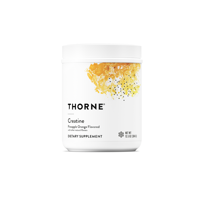 A white container of Thorne Creatine - 13.1 oz dietary supplement with pineapple orange flavor features abstract yellow and orange artwork on the label. Supports cellular energy and lean muscle mass.