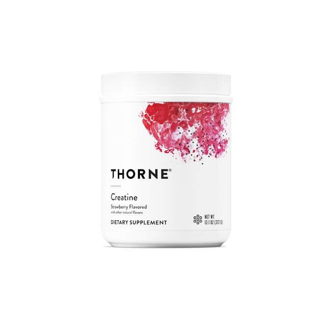 A 13.1 oz white container of Thorne Creatine, strawberry flavored, featuring a modern red and pink abstract fruit label design—formulated to support cellular energy.