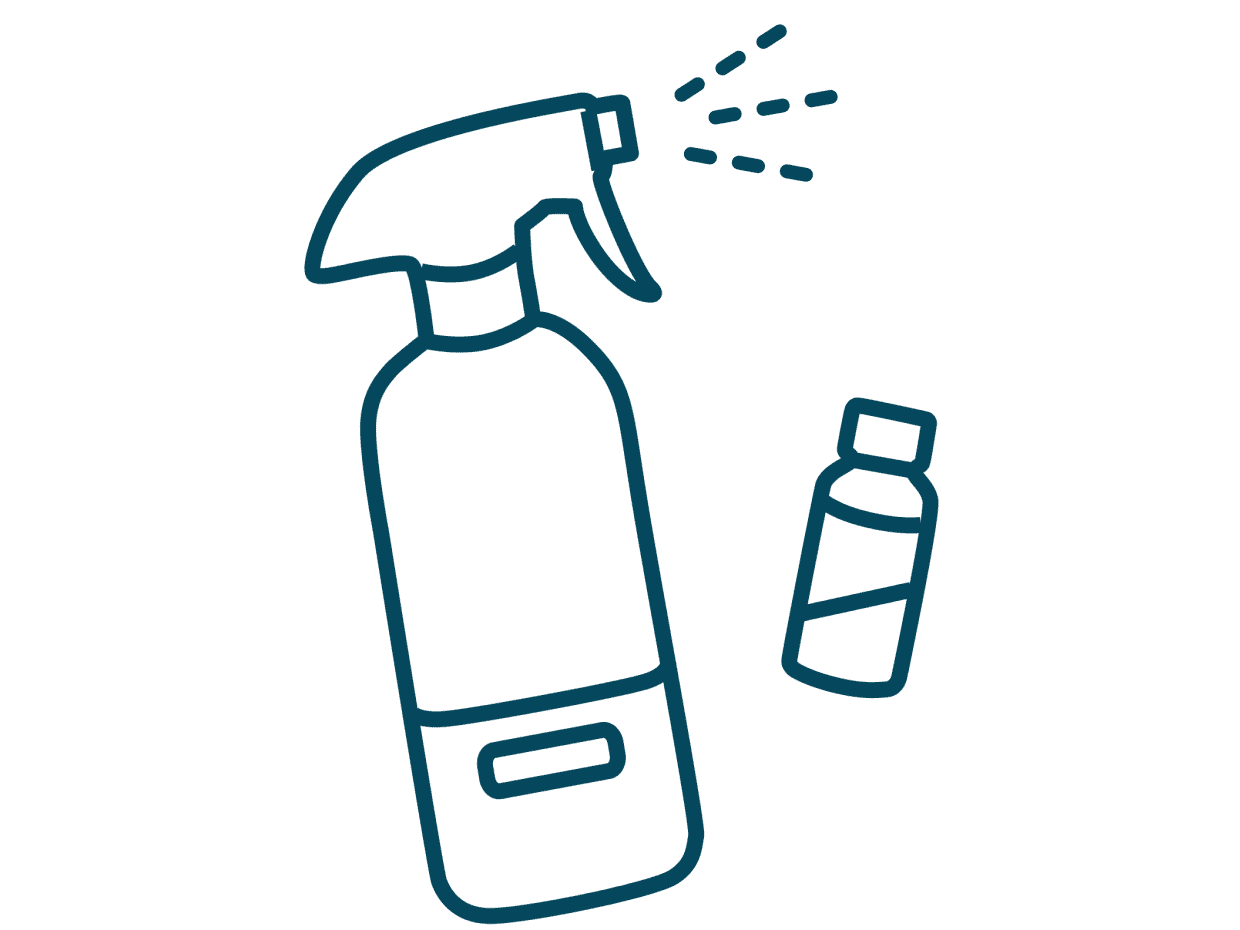 A simple line drawing of a spray bottle spraying liquid, with a smaller bottle beside it. Both items are outlined in blue on a white background.