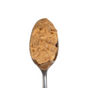 A close-up of a metal spoon holding a scoop of Big Spoon Roasters Crunchy Peanut Butter, made from Virginia peanuts, against a plain white background.