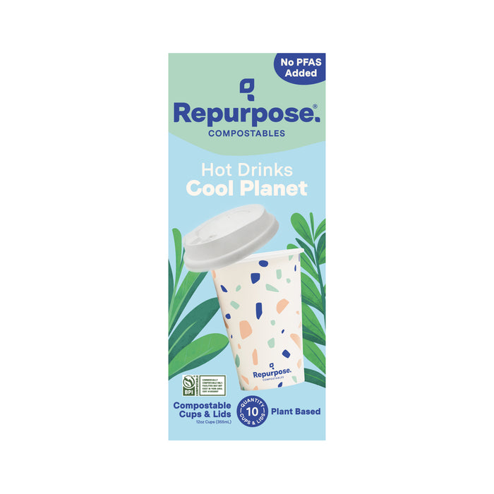 Repurpose Compostable Cup & Lid Set features colorful, plant-based paper cups. Highlights: Hot Drinks Cool Planet, No PFAS Added, BPA-free, and fully compostable cups and lids.