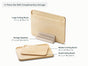 The Caraway 4 Piece Cutting Board Set includes large, medium, and small FSC-certified birch wood boards and a beige organizer. Non-toxic and complimentary storage included; all pieces are shown on a white background with labeled sizes.