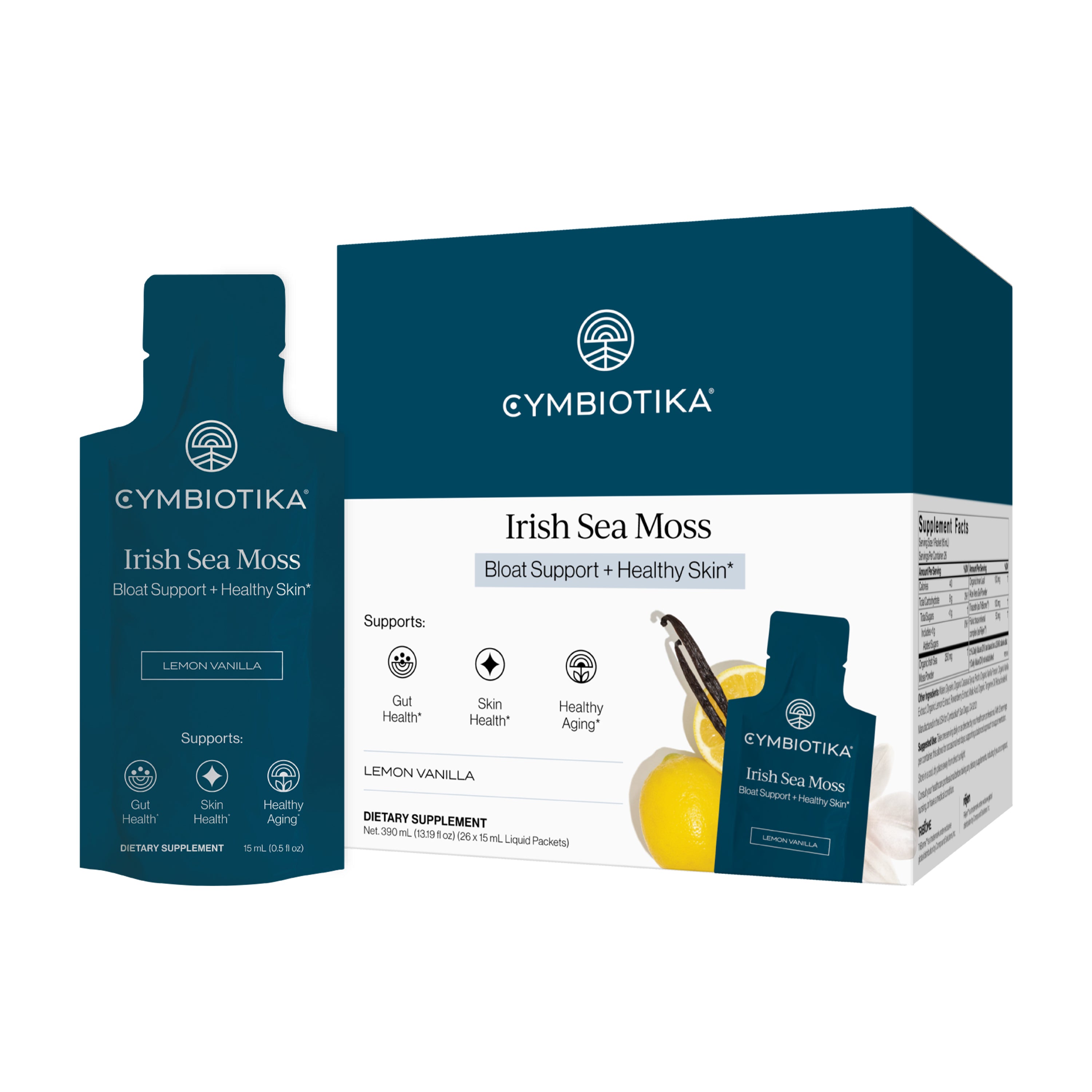 A Cymbiotika Irish Sea Moss dietary supplement in lemon vanilla flavor, packaged to support gut health, hormonal balance, skin health, and healthy aging, with lemon and vanilla imagery on the box and packet.