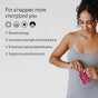 A woman in athletic wear opens a packet of Cymbiotika Liposomal Vitamin B12 + B6. Text lists benefits: boosts energy, increases strength and endurance, enhances detoxification, supports a positive mood with bioavailable folate and vitamin B6. “For a happier, more energized you” appears at the top.
