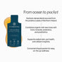 A blue packet of Cymbiotika Irish Sea Moss Liquid Packets - Bloat Support + Healthy Skin is shown, with text highlighting its nutrient-rich formula, benefits for gut health and skin hydration, and easy-to-use liquid packaging.
