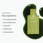 A Cymbiotika Super Greens Liquid Packets - Detox + Digestion is shown with green liquid. Text highlights key ingredients—glucoraphanin powder, broccoli seed extract, and more—for cellular detox and immune support.