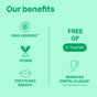 A green infographic titled Our benefits highlights that ATTITUDE little leaves Toothpaste with Fluoride is vegan, kid-friendly, EWG Verified, fights bad breath, removes plaque during brushing, and contains fluoride, with matching icons for each benefit.