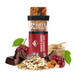 A Kates Real Food Organic Energy Bar - Dark Chocolate Cherry & Almond is unwrapped, surrounded by cherries, almonds, dark chocolate pieces, oats, and almond butter—real food for steady energy on a white background.