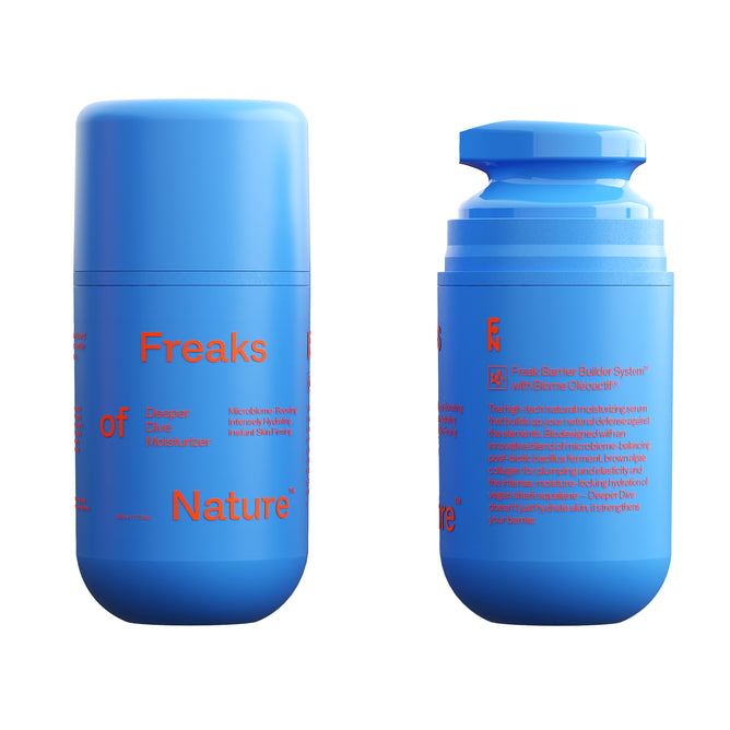 Two blue cylindrical containers with orange text, including Freaks of Nature, show a moisturizer serum. One is upright; the other is inverted, revealing more design details. The vegan shark Squalane offers microbiome-balancing effects.