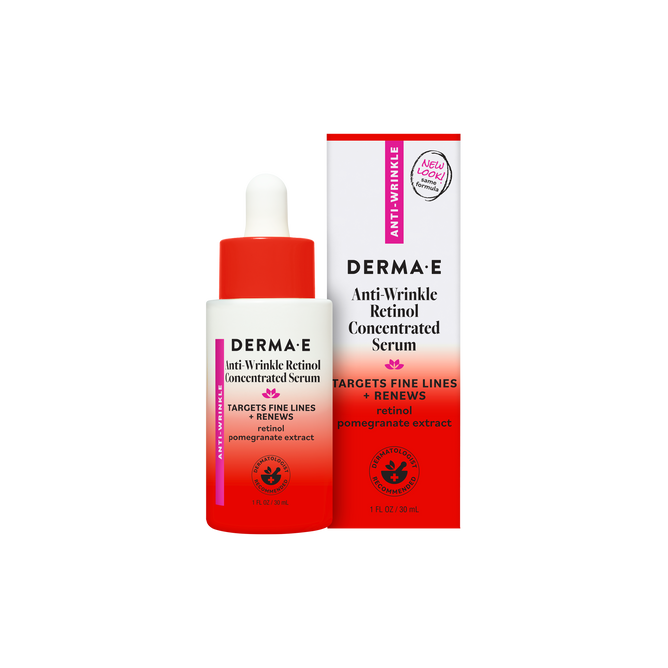 Derma E Anti-Wrinkle Retinol Concentrated Serum, presented in a white and red dropper bottle alongside its coordinating box with bold text and distinct design elements, is a powerful serum featuring retinol and hyaluronic acid for noticeably smoother, younger-looking skin.