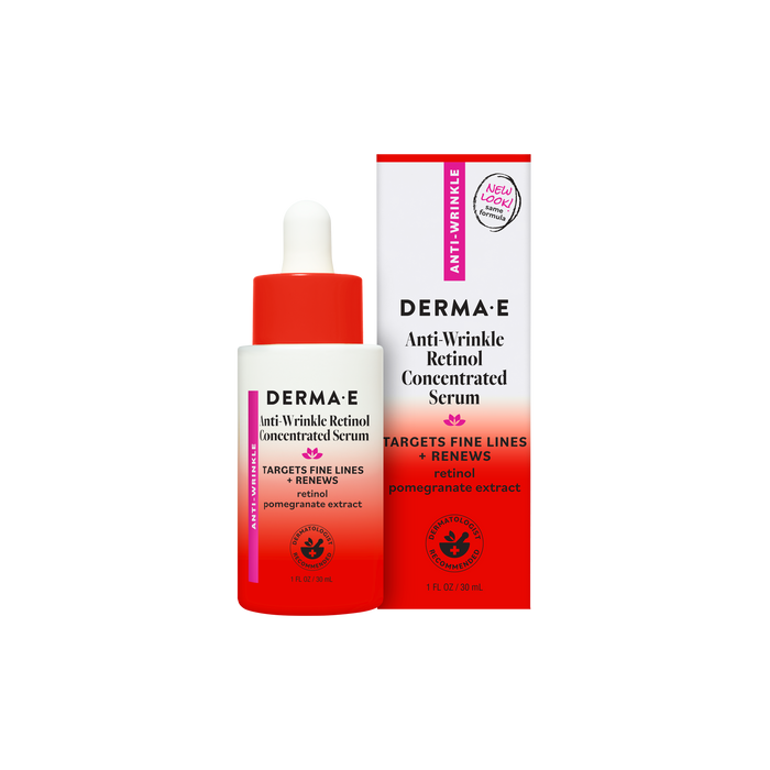 Derma E Anti-Wrinkle Retinol Concentrated Serum, presented in a white and red dropper bottle alongside its coordinating box with bold text and distinct design elements, is a powerful serum featuring retinol and hyaluronic acid for noticeably smoother, younger-looking skin.