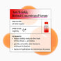 Infographic for Derma E Anti-Wrinkle Retinol Concentrated Serum: suitable for all skin types, recommended for nightly use. Key benefits: visibly minimizes fine lines, smooths skin texture without causing irritation, and deeply hydrates thanks to hyaluronic acid. Features orange serum drops in the background.