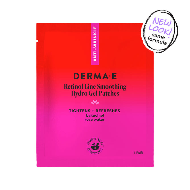 A red and pink packet of Derma E Retinol Line Smoothing Hydro Gel Patches, labeled Anti-Wrinkle. Text on the packaging highlights tightening and refreshing benefits with bakuchiol and rose water. These hydrogel eye masks provide a nourishing retinol treatment for the undereye area to visibly reduce fine lines. A badge reads, “New look! Same formula.”.
