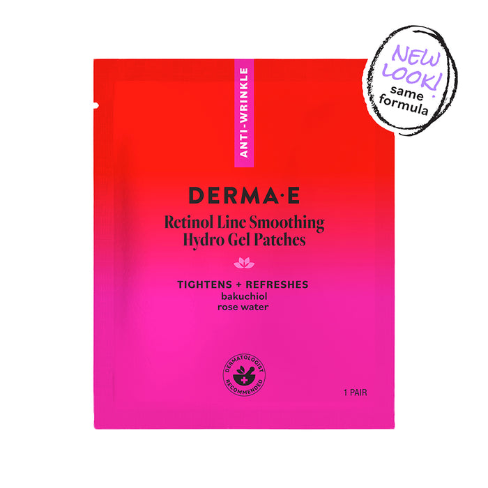A red and pink packet of Derma E Retinol Line Smoothing Hydro Gel Patches, labeled Anti-Wrinkle. Text on the packaging highlights tightening and refreshing benefits with bakuchiol and rose water. These hydrogel eye masks provide a nourishing retinol treatment for the undereye area to visibly reduce fine lines. A badge reads, “New look! Same formula.”.