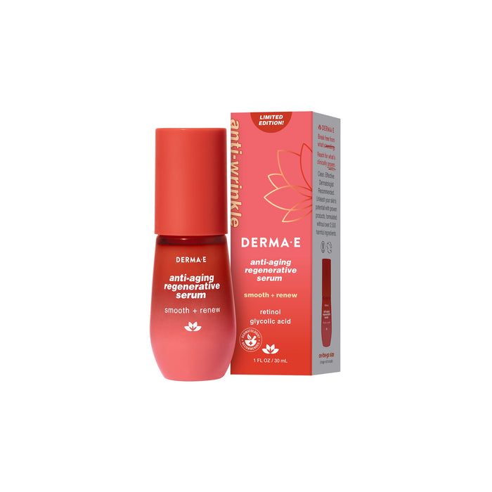 The Limited Edition Derma E Anti-Aging Regenerative Serum, in a red 1 fl oz (29 mL) bottle and box, promotes youthful radiance using retinol and glycolic acid for smoothness and renewal.