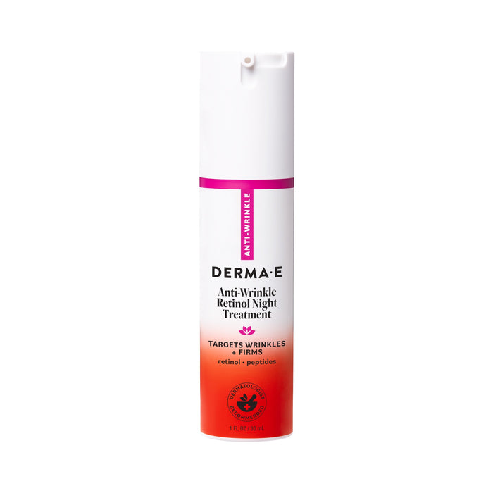 A 1 fl oz white and orange Derma E Anti-Wrinkle Retinol Night Treatment bottle with pump dispenser, featuring anti-aging claims about targeting wrinkles and firming skin, and containing retinol plus peptides.