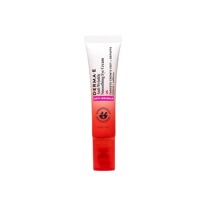 A tube of Derma E Anti-Wrinkle Smoothing Eye Cream with a pink gradient and white cap stands upright against a white background—ideal for undereye treatment to help smooth fine lines.