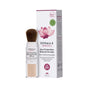 The Sun Protection Mineral Powder SPF 30 by Derma E is a small cylindrical container offering broad spectrum UVA/UVB protection with a brush applicator. The packaging, featuring a zinc mineral formula design and pink lotus flower, accompanies it.
