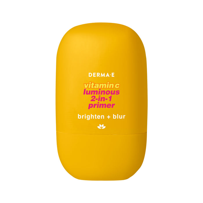 A yellow container labeled Derma E Vitamin C Luminous 2-in-1 Primer features bold, colorful text on the front.