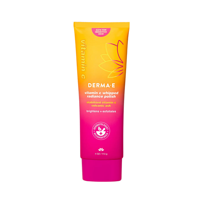 A tube of Derma E Vitamin C Whipped Radiance Polish comes in orange and pink gradient packaging with safe use and cruelty-free logos. This face polish exfoliates for radiant skin.