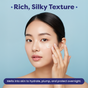 A woman applies Dewy Night Hydrating Sleep Mask by FaceTory to her cheek against a light blue background. Text reads, “Rich, Silky Texture,” and below: “Melts into skin to hydrate, plump, and protect overnight with ceramides.”.