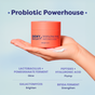 A hand holds an orange jar of FaceTory’s Dewy Night Hydrating Sleep Mask. Text highlights key benefits: glowing, plumping, brightening skin with ceramides to strengthen and probiotic ferments for nourishing hydration.