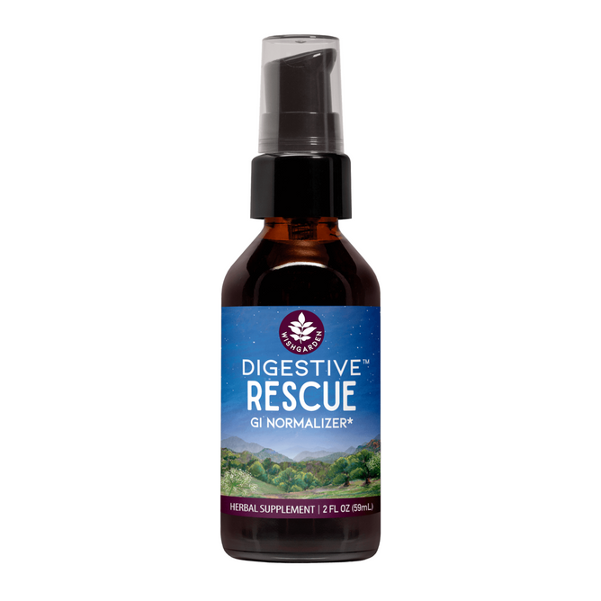 A 2 fl oz (59 mL) brown glass bottle labeled WishGarden Herbs Digestive Rescue - GI Normalizer, with a black spray cap and blue label, is an herbal supplement that supports digestive health and soothes upset stomach.