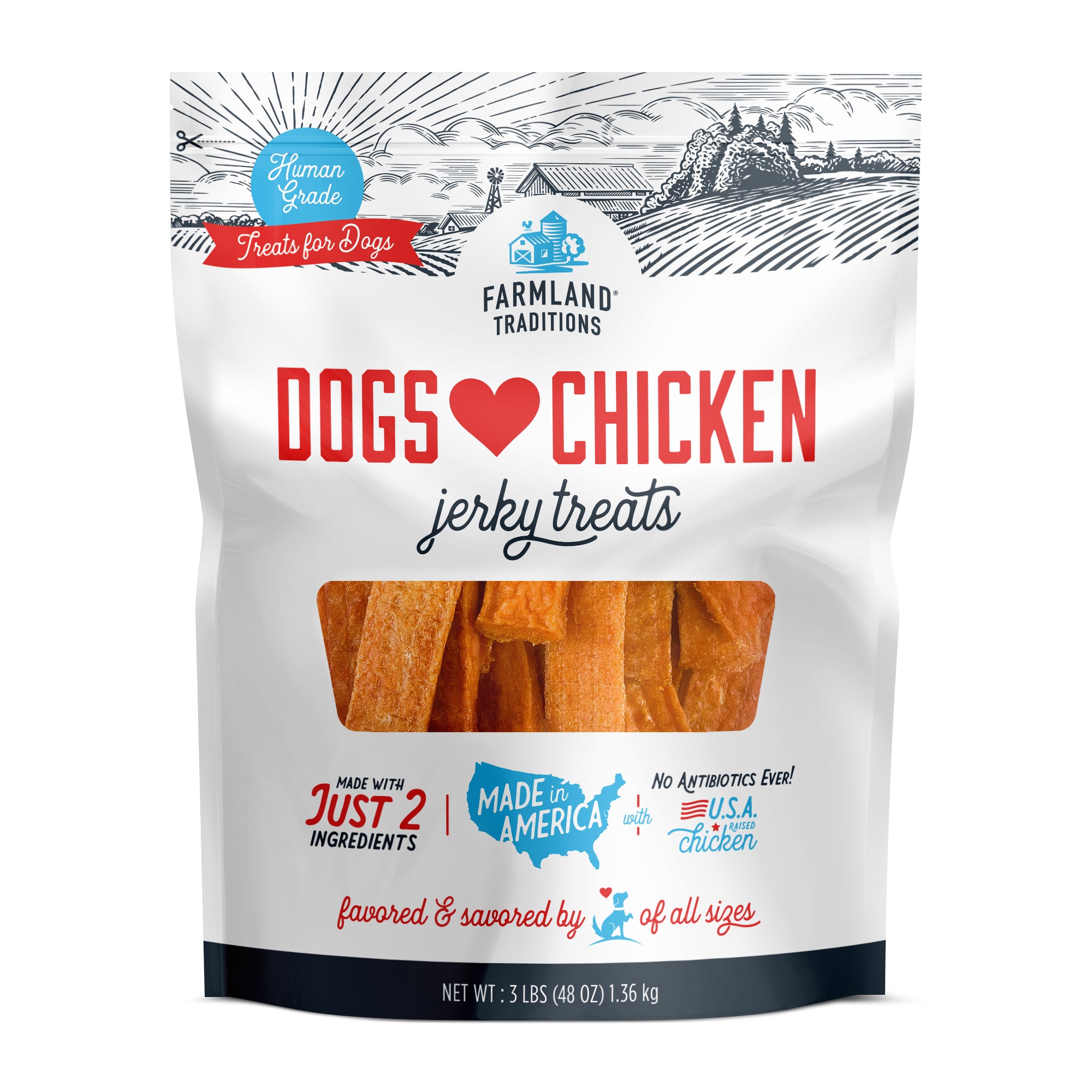 Farmland Traditions Dogs Love Chicken Jerky treats are made from lean chicken breast, boasting human-grade quality and no antibiotics ever. Proudly made in America, the packaging features a farm illustration and is perfect for dogs of all sizes.