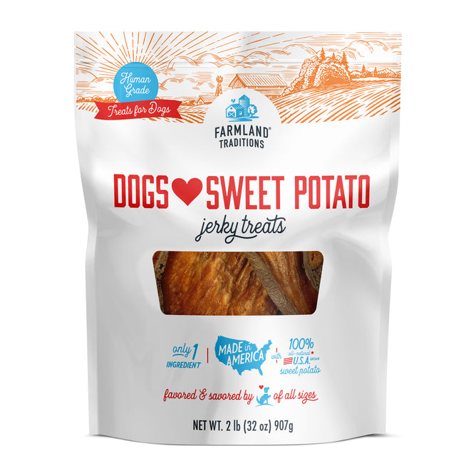 A 2 lb package of Farmland Traditions Dogs Love - Sliced Sweet Potato Human Grade Treats is made in the USA with USA-sourced ingredients. Allergen-free and suitable for all sizes, these treats contain only one ingredient: sweet potato.