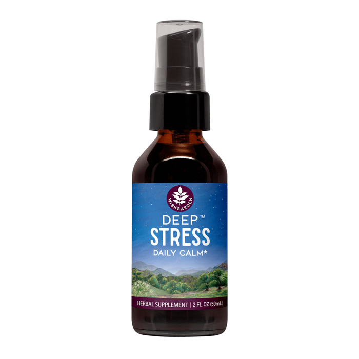 A brown spray bottle labeled Deep Stress by WishGarden Herbs, featuring a blue landscape label. It’s a 2 fl oz herbal supplement with adaptogens like Ashwagandha for natural stress relief.