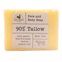 A yellow bar labeled "90% Tallow Body Soap" by Hearth and Homestead, made with grass-fed/finished tallow and castor oil. Gentle for sensitive skin, 3.8 oz net weight. Packaging features a cow illustration.