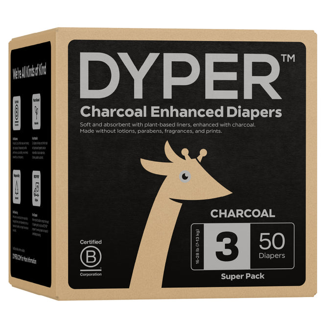 A box of DYPER Charcoal Enhanced Diapers - Day & Overnight for Sensitive Skin, size 3, made with plant-based materials. Includes 50 chlorine-free diapers in brown packaging with black accents and a simple giraffe graphic.