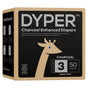 A box of DYPER Charcoal Enhanced Diapers - Day & Overnight for Sensitive Skin, size 3, made with plant-based materials. Includes 50 chlorine-free diapers in brown packaging with black accents and a simple giraffe graphic.