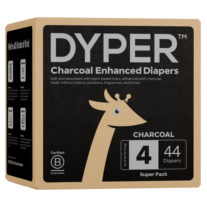A cardboard box labeled DYPER Charcoal Enhanced Diapers - Day & Overnight Diapers for Sensitive Skin contains 44 size 4, chlorine-free diapers made with plant-based materials and no lotions, parabens, fragrances, or prints.