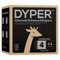 A cardboard box labeled DYPER Charcoal Enhanced Diapers - Day & Overnight Diapers for Sensitive Skin contains 44 size 4, chlorine-free diapers made with plant-based materials and no lotions, parabens, fragrances, or prints.
