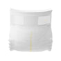 The DYPER Skin Happy Baby Diaper, shown from the front, is white and disposable with certified bamboo layers, elastic sides, and a yellow wetness indicator running vertically down the center.