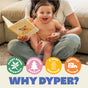 A happy baby in Skin Happy Baby Diapers by DYPER sits on an adult’s lap with a book. Icons below show bamboo material, responsible sourcing, B Corp certification, and compostable features. Text: WHY DYPER?.