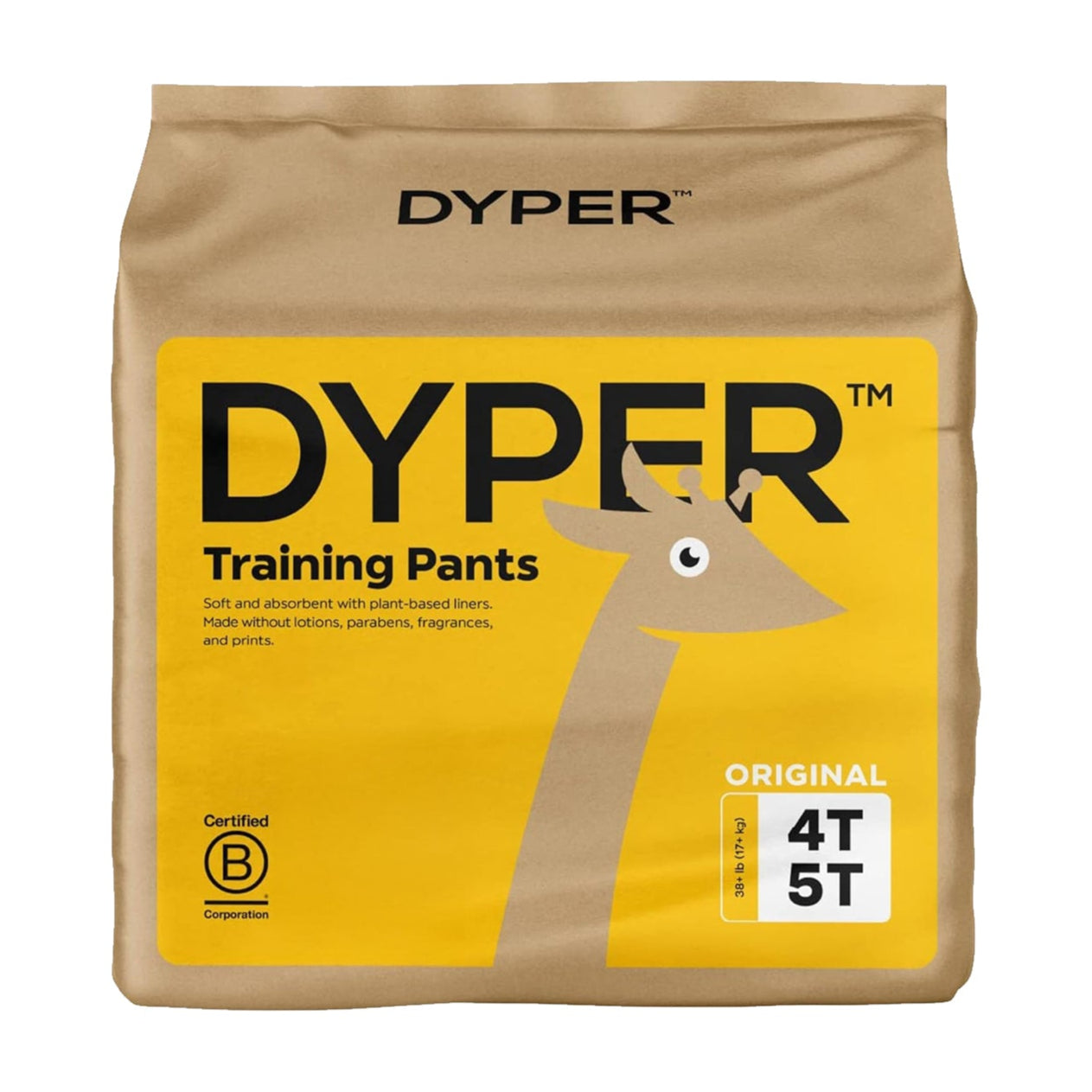 A pack of DYPER Simply Kind Training Pants – All-Day & Overnight Comfort for Toddlers with Bamboo Viscose, featuring eco-friendly and hypoallergenic briefs for sizes 4T and 5T. Yellow label shows a cartoon giraffe and certifications.