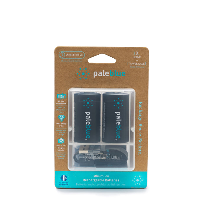 Paleblue Rechargeable D Batteries come in retail packaging, including two D batteries and a USB-C charging cable, with blue and white branding and product details clearly visible.