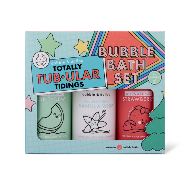 The Totally Tubular Bubble Bath Set by Dabble & Dollop is a festive holiday gift, featuring three bottles—Honeydew, Vanilla Whip, and Strawberry—in colorful packaging and formulated for sensitive skin.