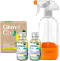 A cardboard box contains two Grove Co. Daily Shower Refill - Lemon bottles and a clear spray bottle with an orange base labeled SHOWER. This plant-based cleaner offers a lemon scent in a refillable, eco-friendly system.