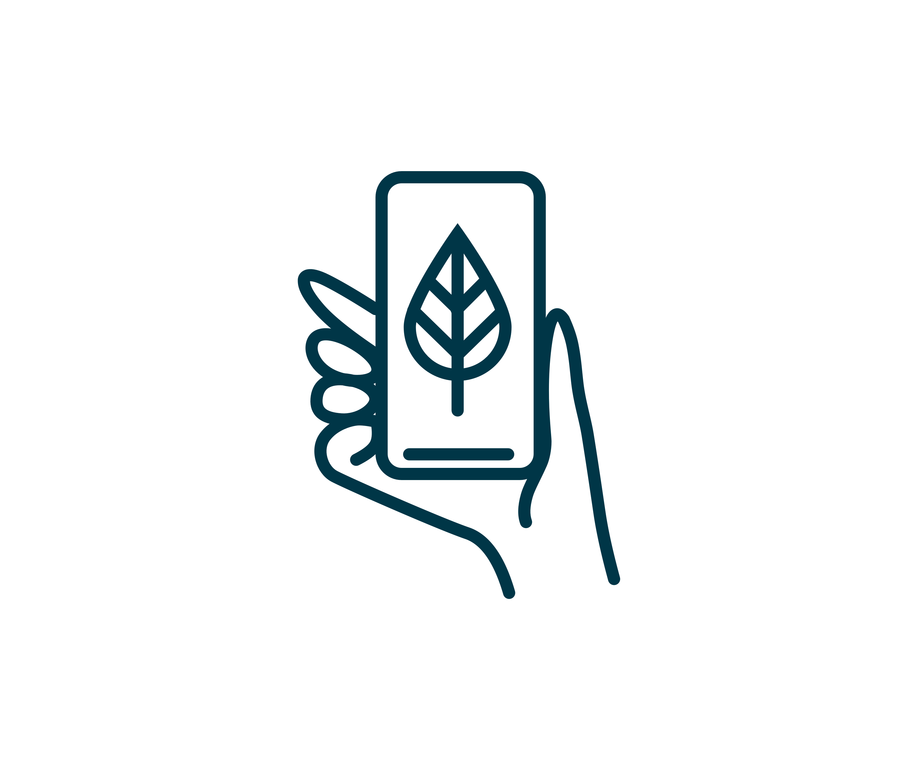 Line drawing of a hand holding a smartphone with a leaf icon on the screen, symbolizing eco-friendly or sustainable technology, on a white circular background.
