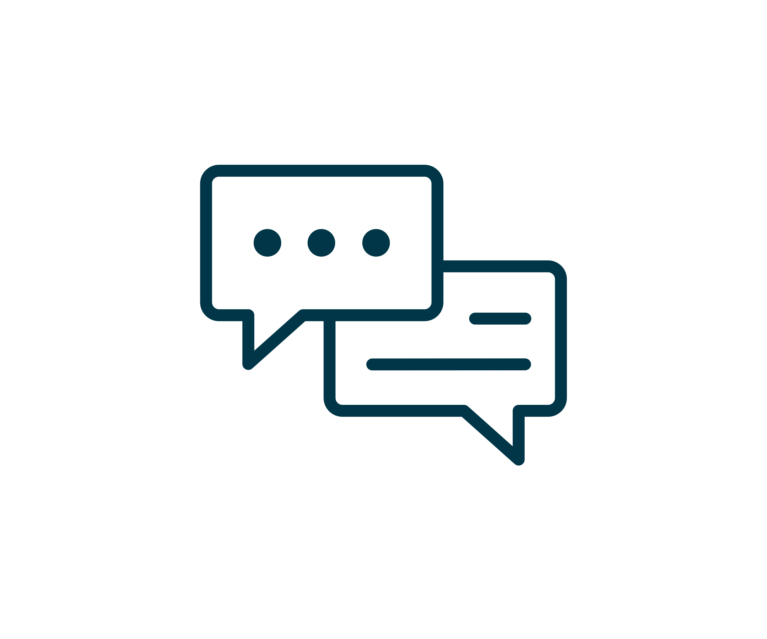 Simple icon of two overlapping speech bubbles, one with three dots and the other with three horizontal lines, representing communication or messaging, on a white circular background.