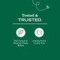 Green background reads: Tested & TRUSTED. Two icons below—leaf with 