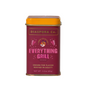 A rectangular tin of Diaspora Spice Co.'s Everything Grill Spice Blend has a maroon body, yellow lid, and reads: Grown for flavor, rooted in equity. Made with single-origin spices from regenerative farms. Net wt 2.2 oz (65g).